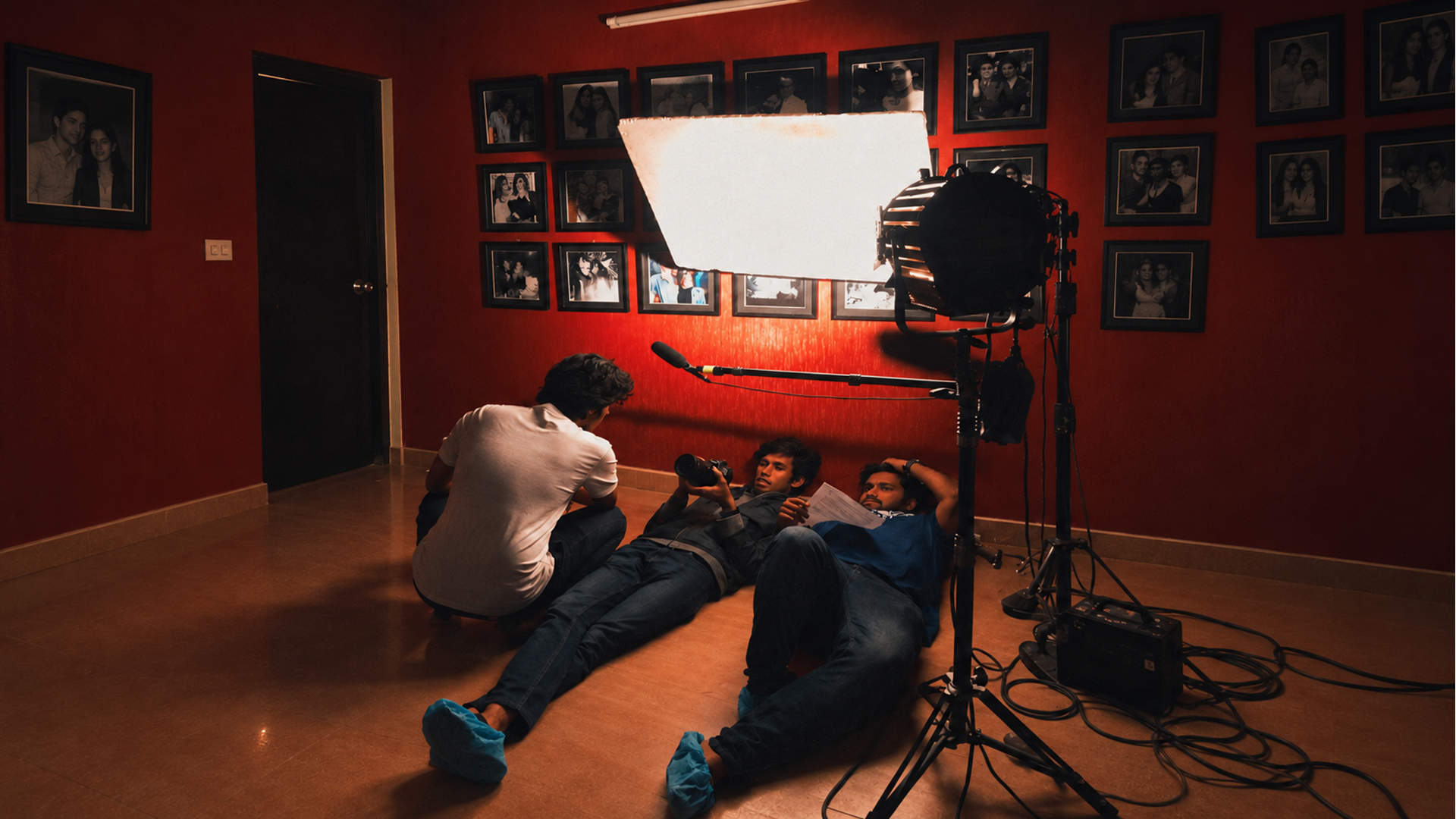 Production crew reviewing a shot beneath studio lights on location
